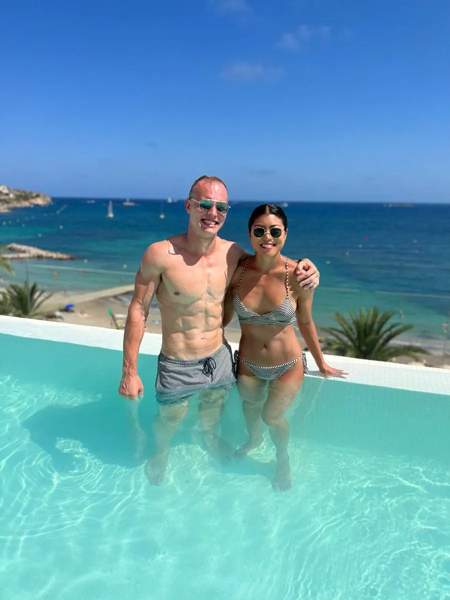 Philipp and Patricia, Leanrr's founders, in a pool above the sea in Ibiza